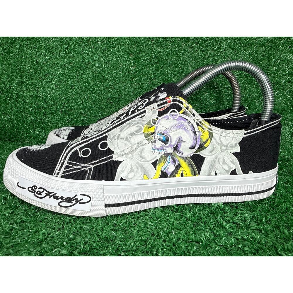 VTG Ed Hardy Christian Audigier Black Tiger Skull Laceless Sneakers Shoes Sz 7 - Picture 4 of 8